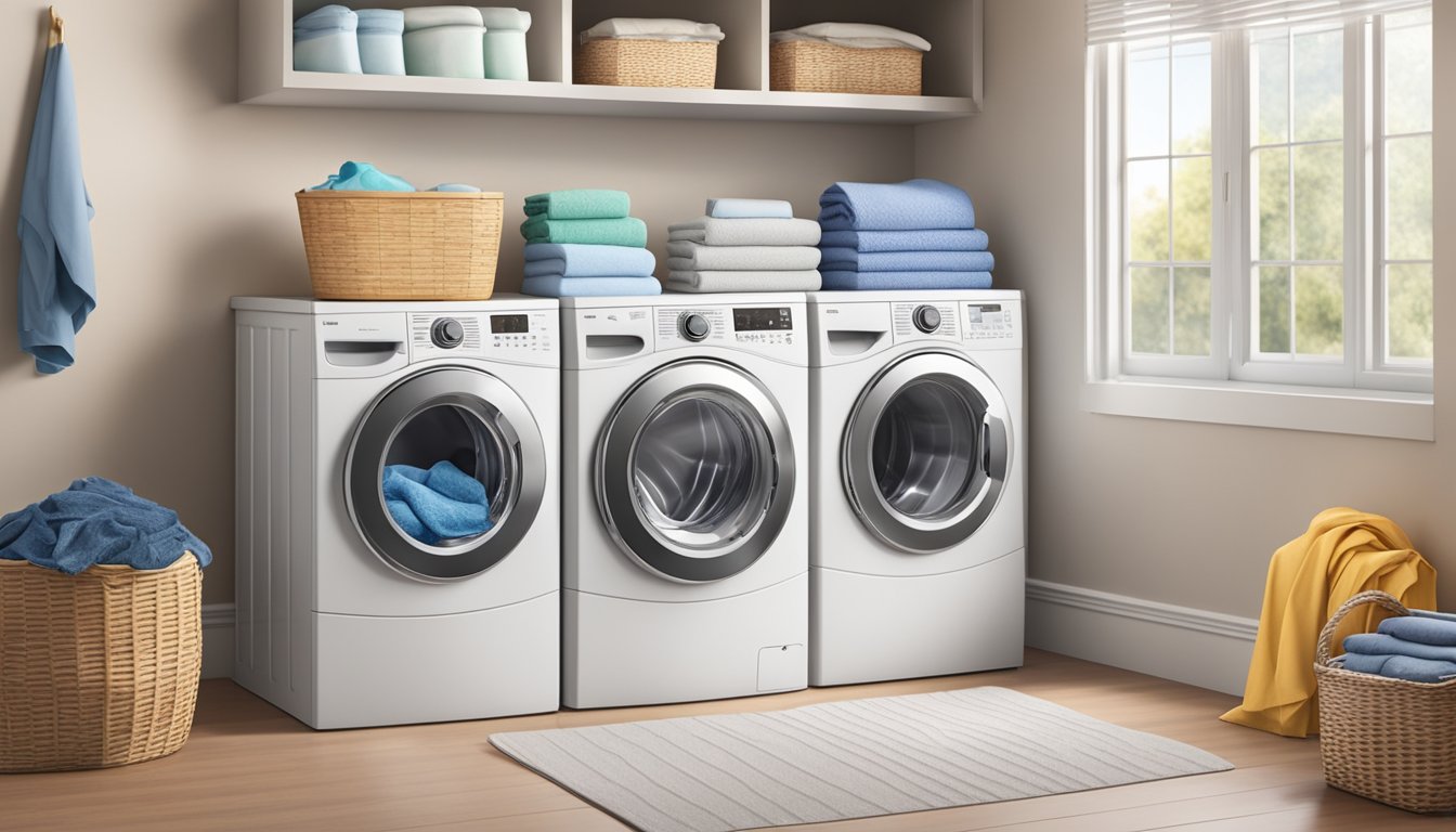 A front load washer and dryer with a stackable design, surrounded by laundry detergent, fabric softener, and a basket of clothes