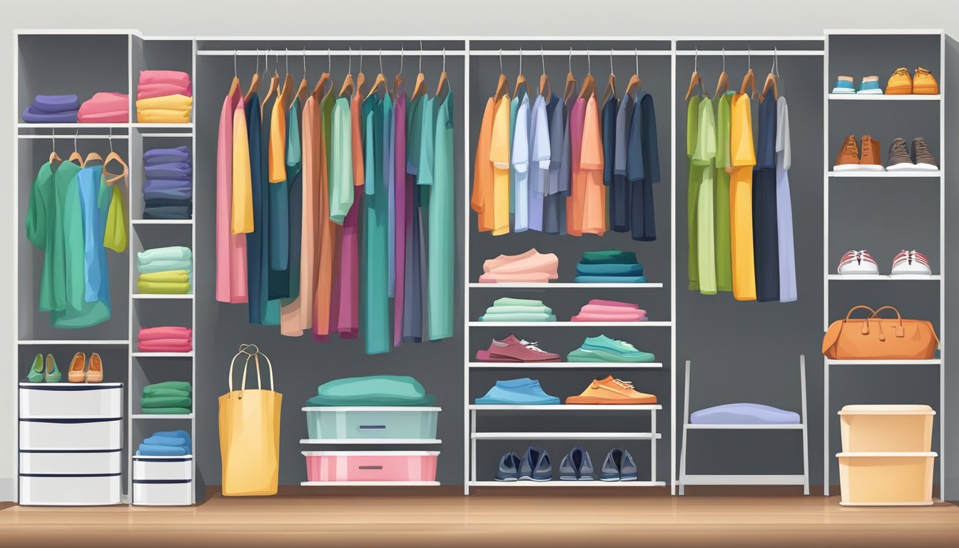 Colorful wardrobe with neatly folded clothes and hanging garments. Shoes organized on shelves, accessories in labeled containers