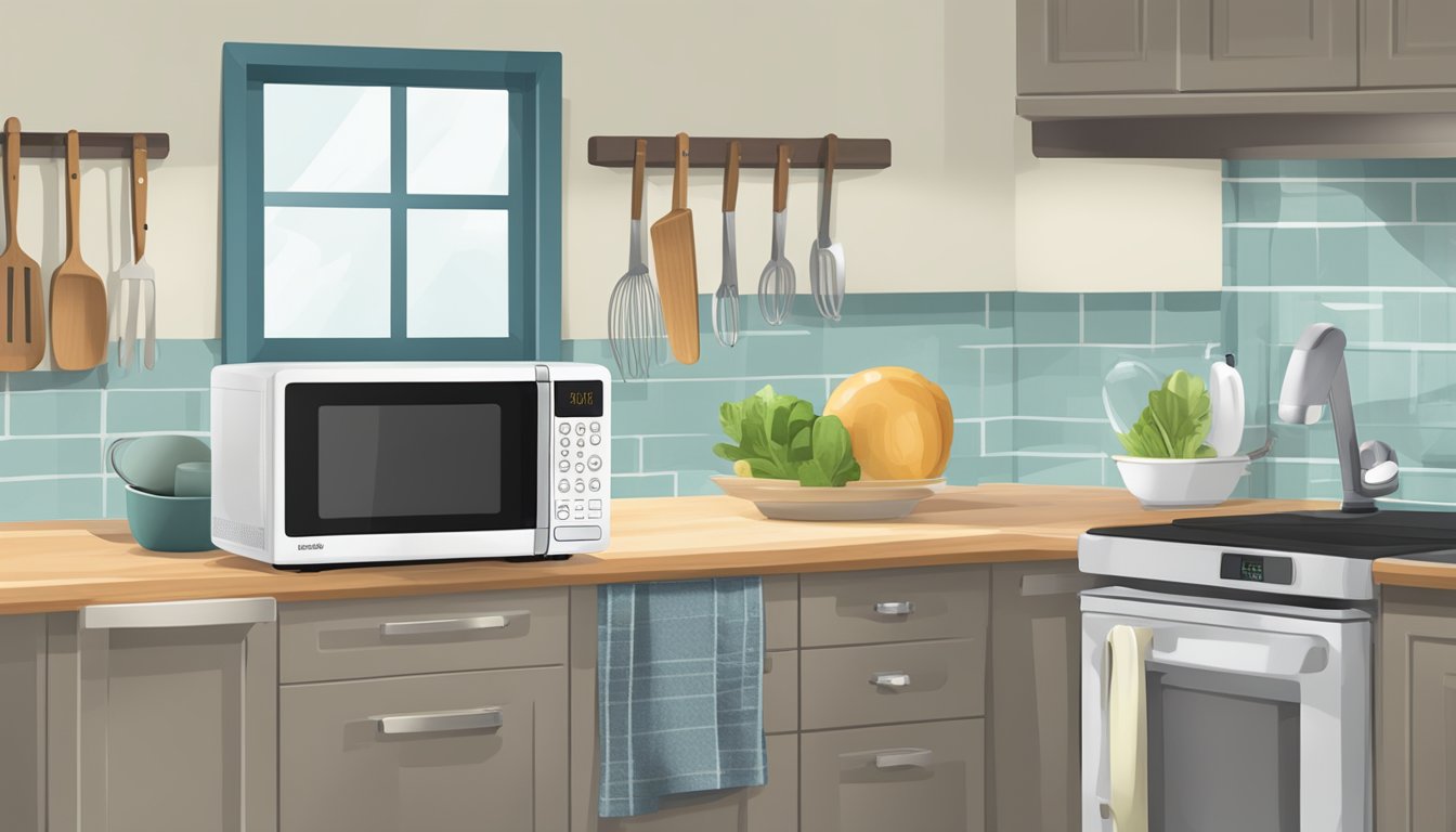 A small microwave sits on a kitchen counter, with a "Frequently Asked Questions" sticker on the front. The microwave is surrounded by various kitchen utensils and appliances