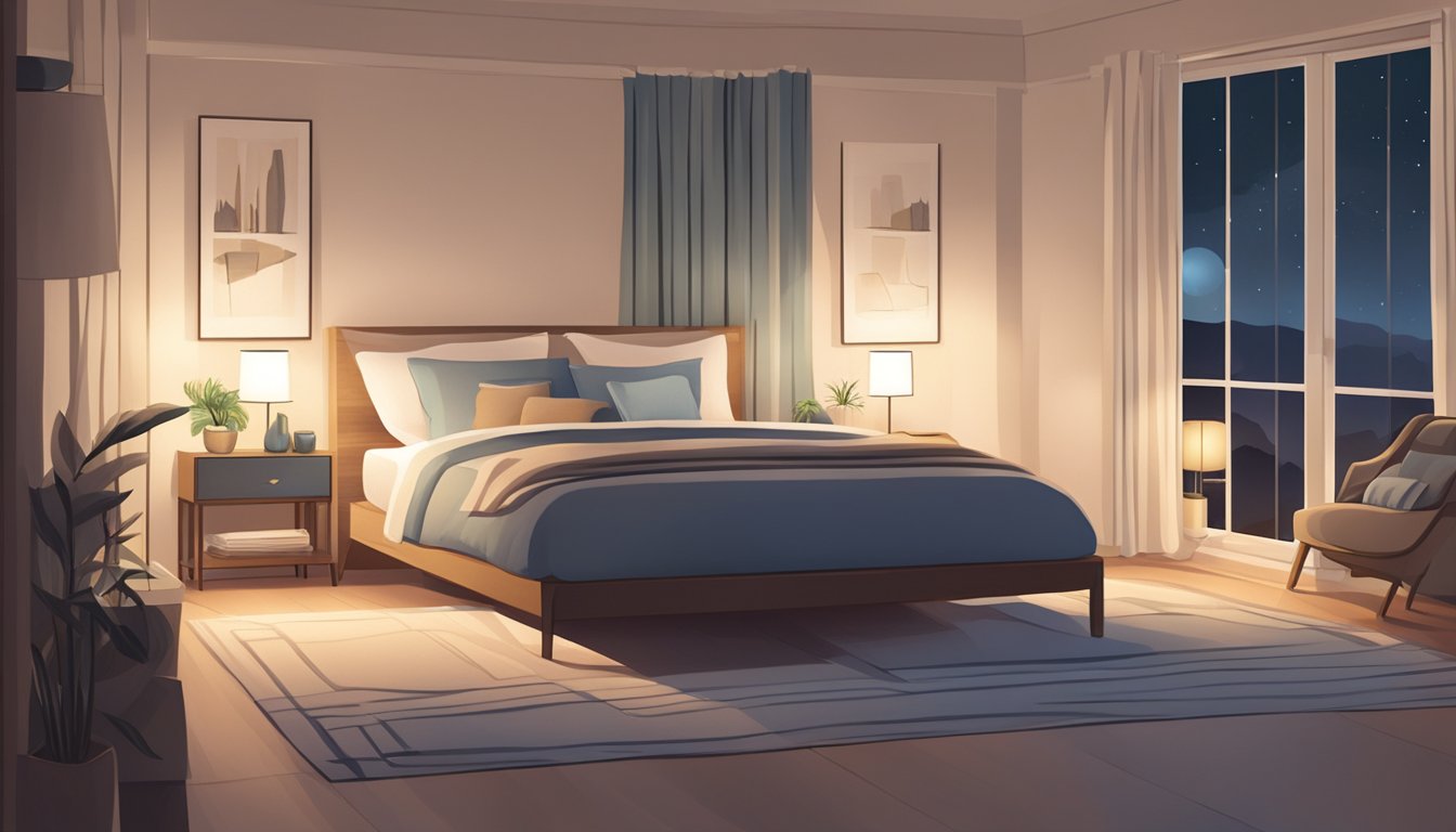 A serene bedroom with a supportive mattress, soft pillows, and calming decor. A dimly lit lamp creates a cozy atmosphere, promoting relaxation and better sleep quality