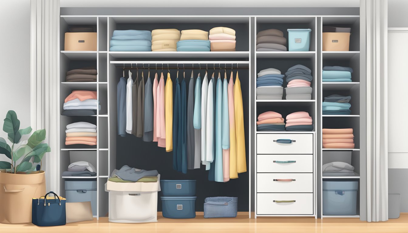 A tidy wardrobe with neatly folded clothes, organized shelves, and labeled storage bins