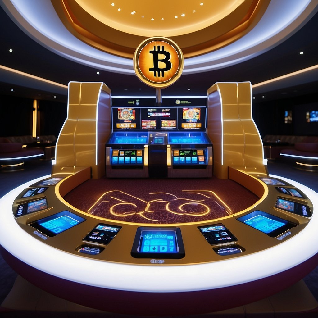 A futuristic casino with Bitcoin logos on slot machines and a live dealer table powered by digital currency