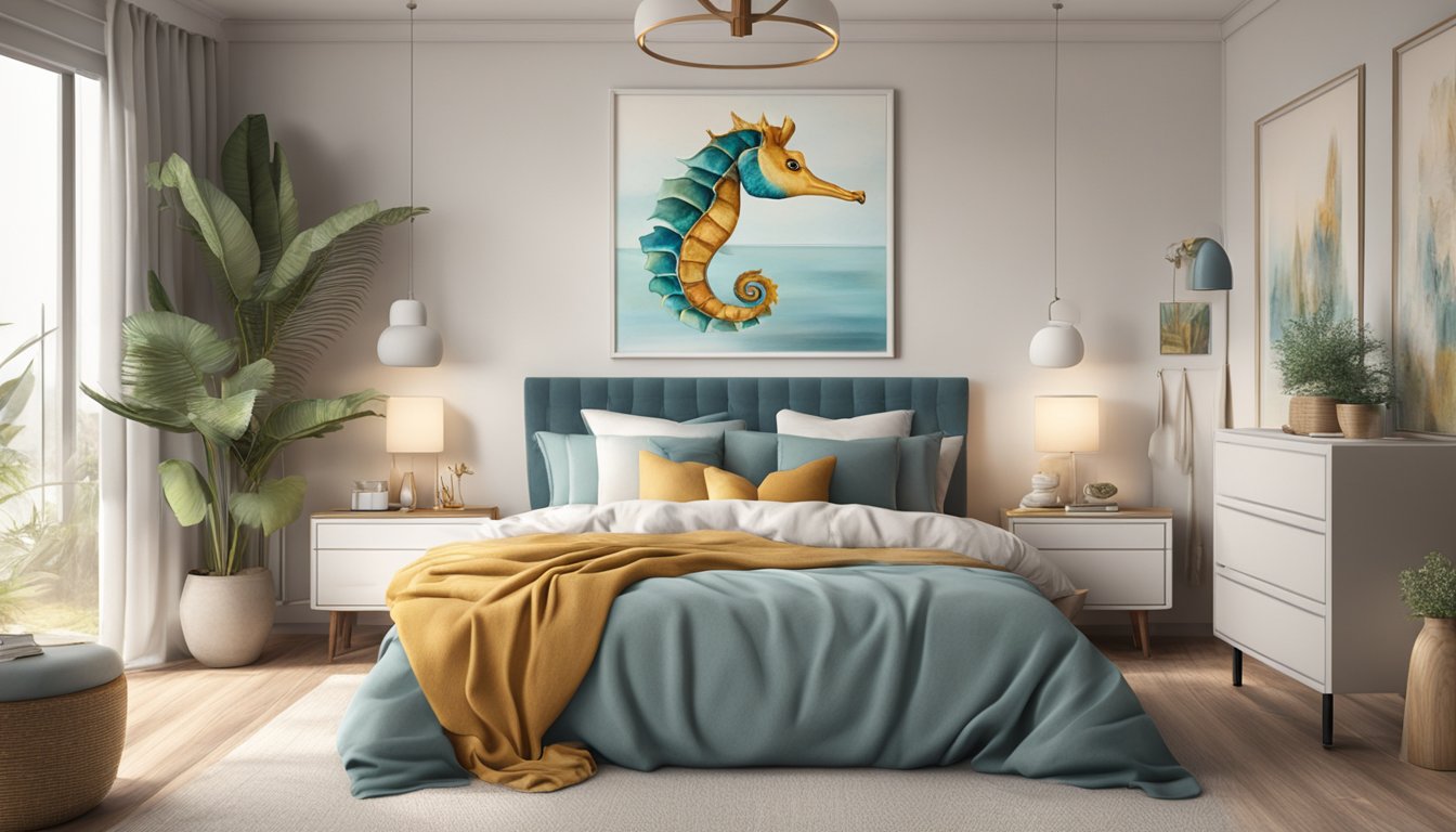 A cozy bedroom with a Seahorse mattress as the focal point. Soft pillows and blankets adorn the bed, creating a warm and inviting atmosphere