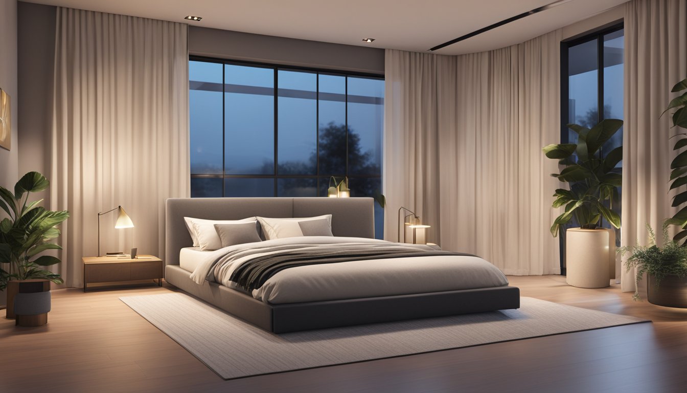 A modern bedroom with a sleek bed frame and a comfortable mattress, surrounded by soft lighting and minimalist decor
