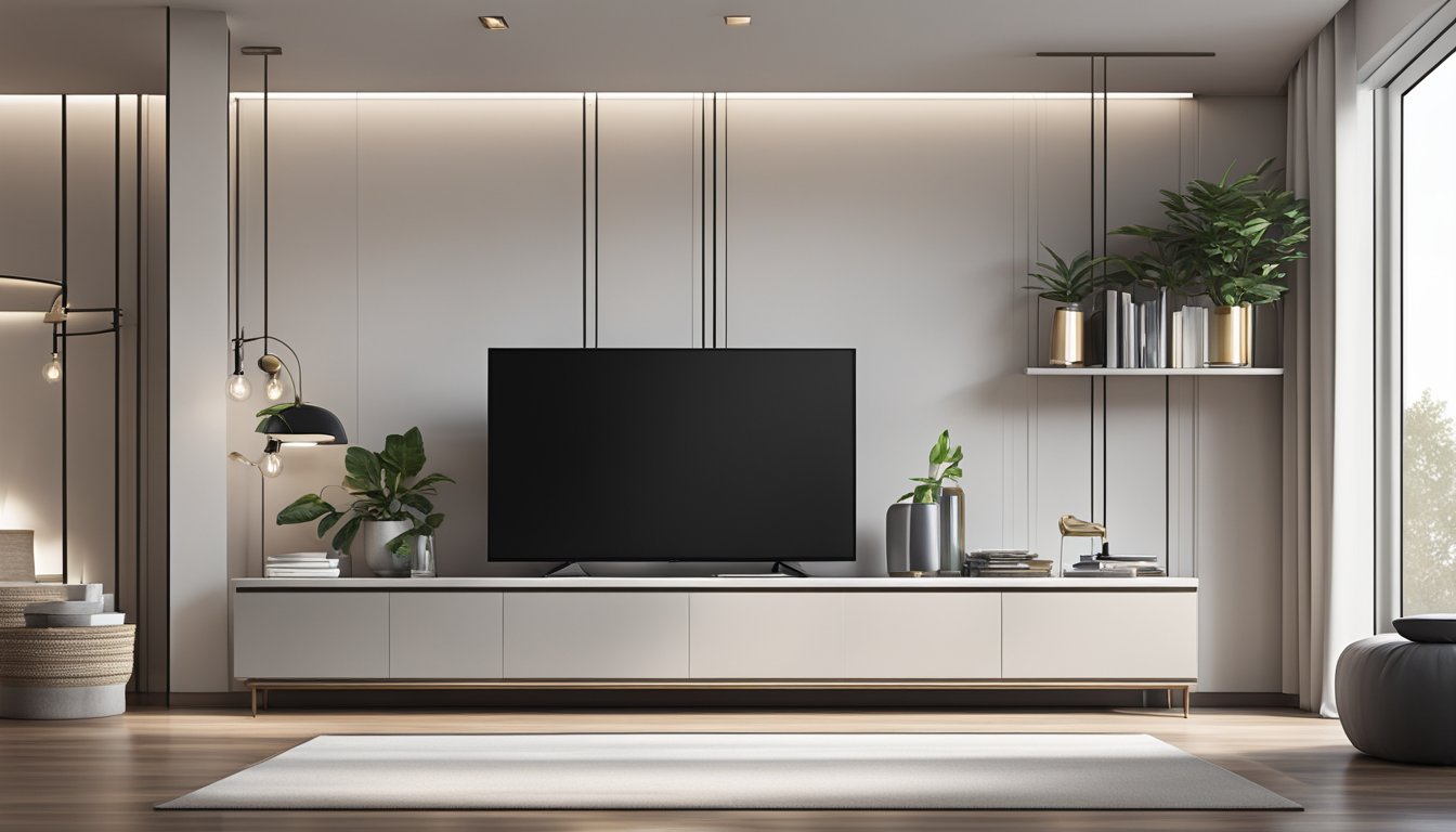 A sleek, modern TV console stands against a backdrop of minimalist decor. Clean lines and a glossy finish exude sophistication