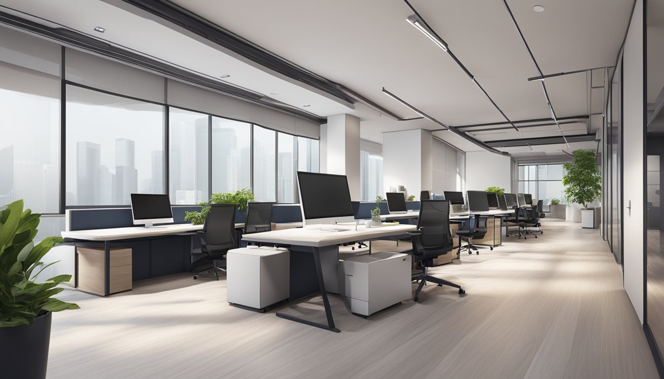 A modern office space with sleek furniture in Ubi, Singapore. Clean lines, minimalistic design, and a professional atmosphere