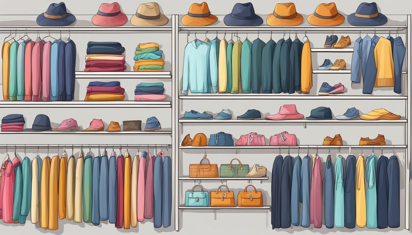 Colorful clothing neatly arranged on shelves and hangers, with labeled sections for different types of clothing and accessories