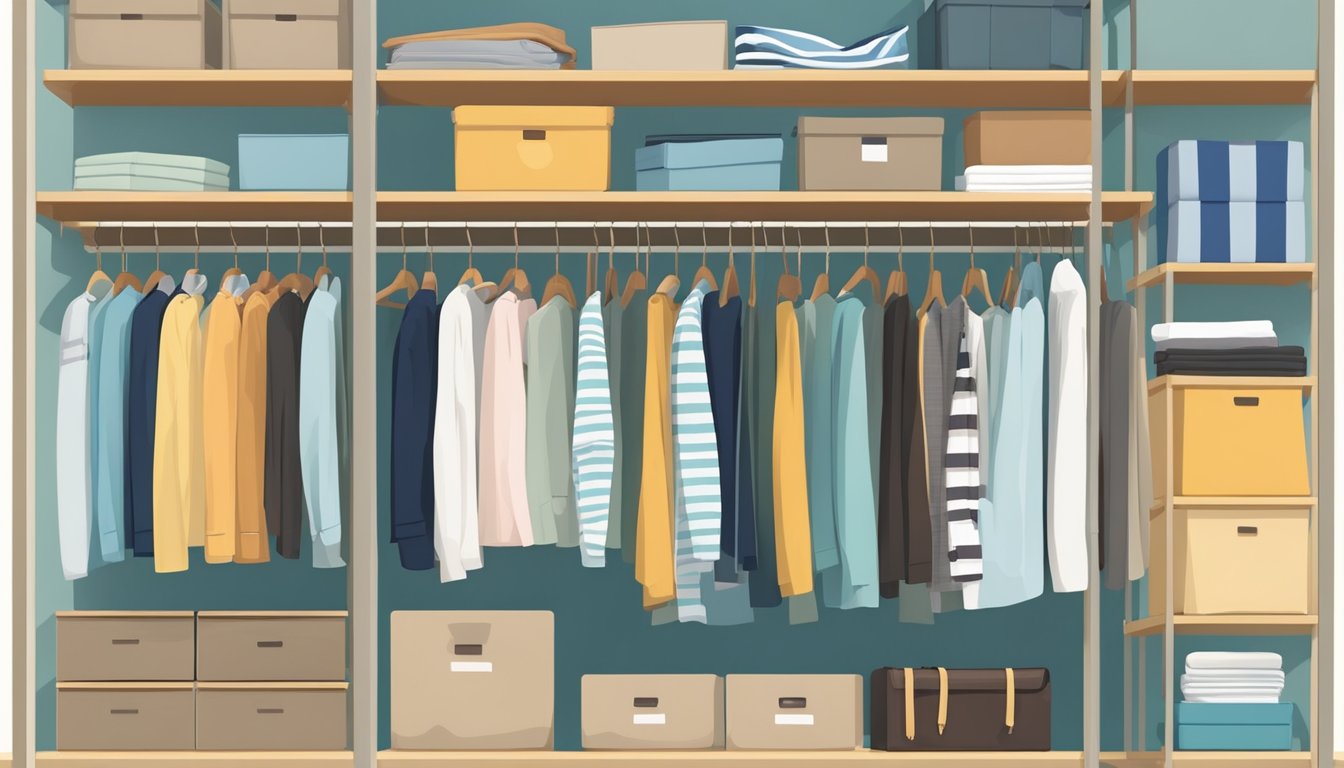 A neatly organized wardrobe with labeled sections and color-coordinated clothing hanging neatly on hangers. Folded items neatly stacked on shelves with storage boxes for accessories