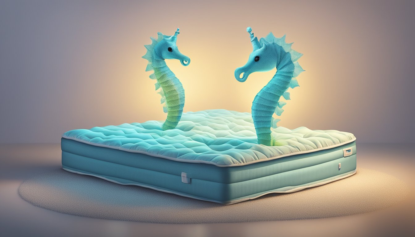 A seahorse mattress surrounded by question marks, with a spotlight shining on it