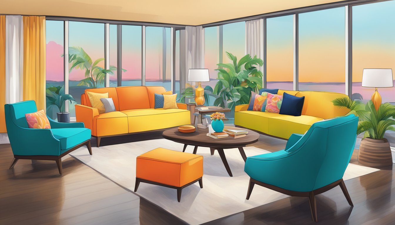 A colorful array of furniture fills the landscape, from sleek modern designs to traditional pieces, creating a vibrant and diverse scene
