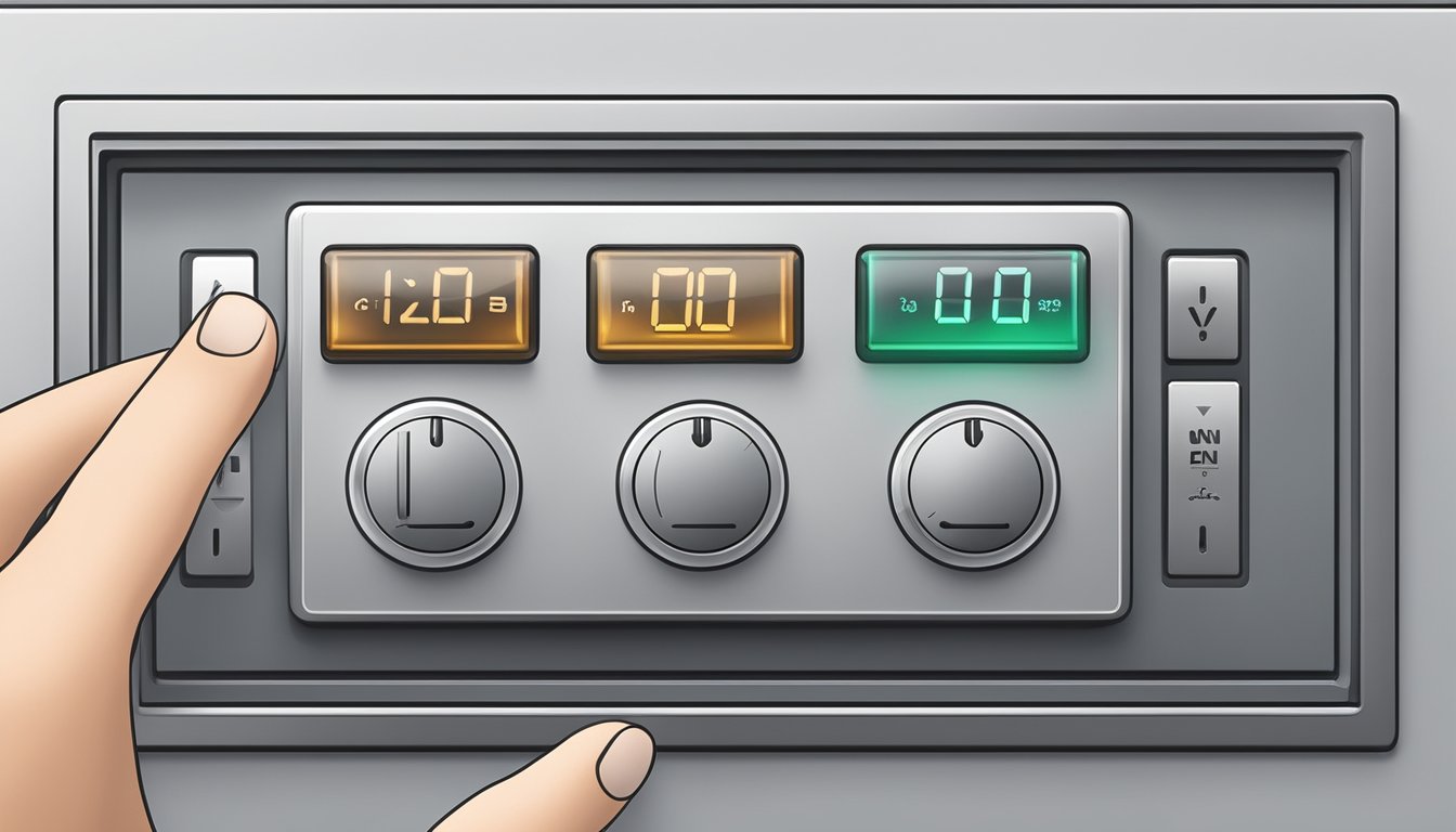 A hand presses the Mitsubishi aircon symbol on a sleek, modern control panel