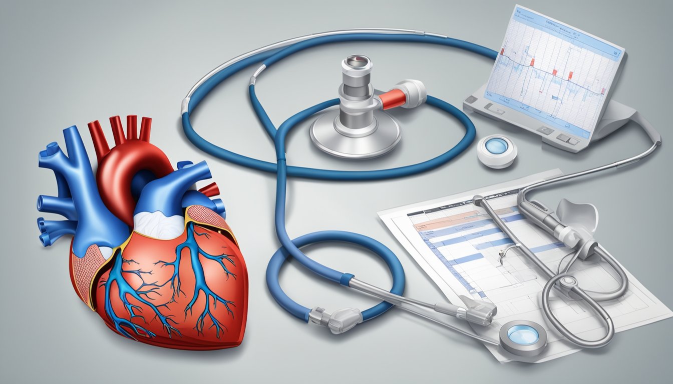 A heart valve with a visible leak, surrounded by medical equipment and a diagnostic chart, indicating the possibility of anemia
