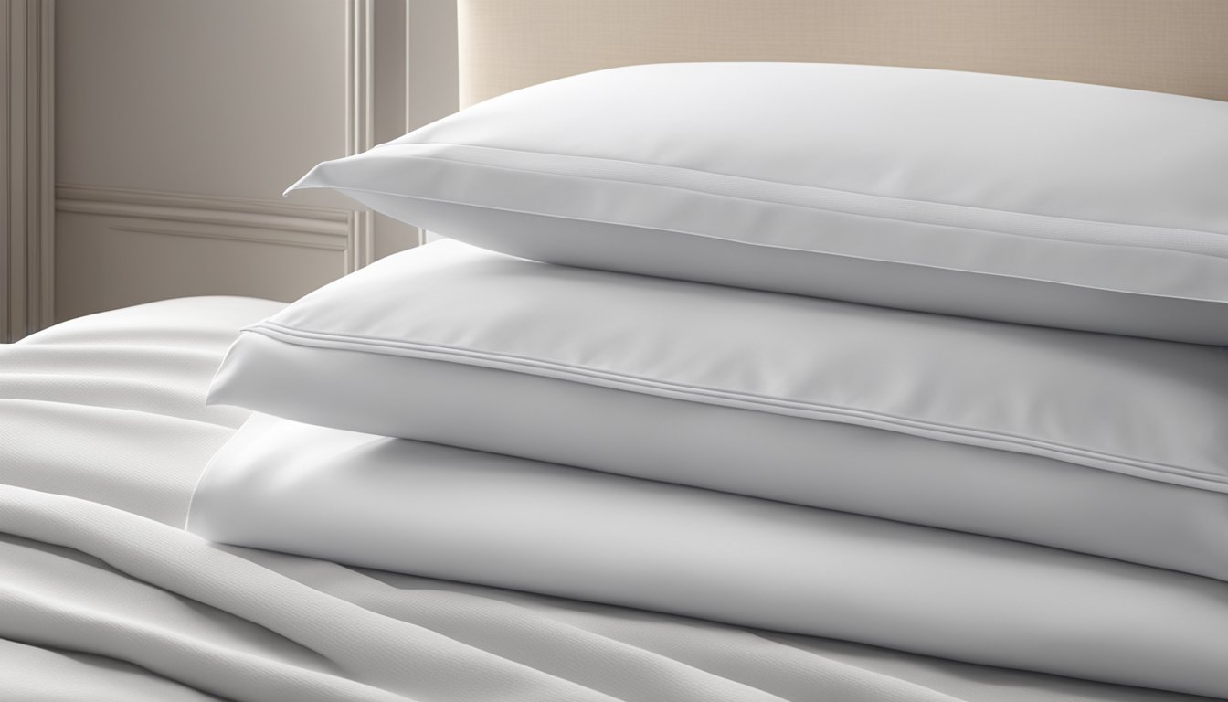 A stack of pillowcase protectors neatly folded on a bed, with a soft, white fabric and subtle stitching details