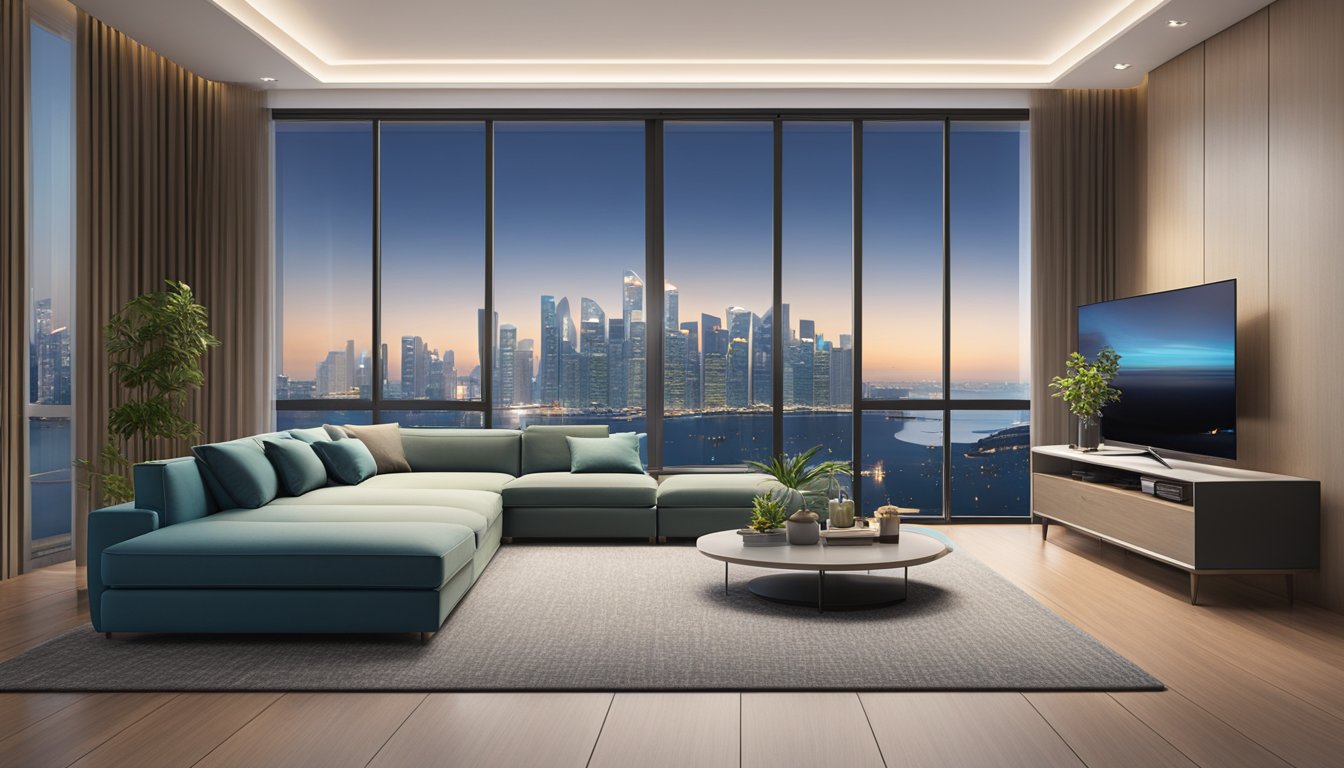 A modern living room with a sleek TV console, set against a backdrop of the Singapore skyline