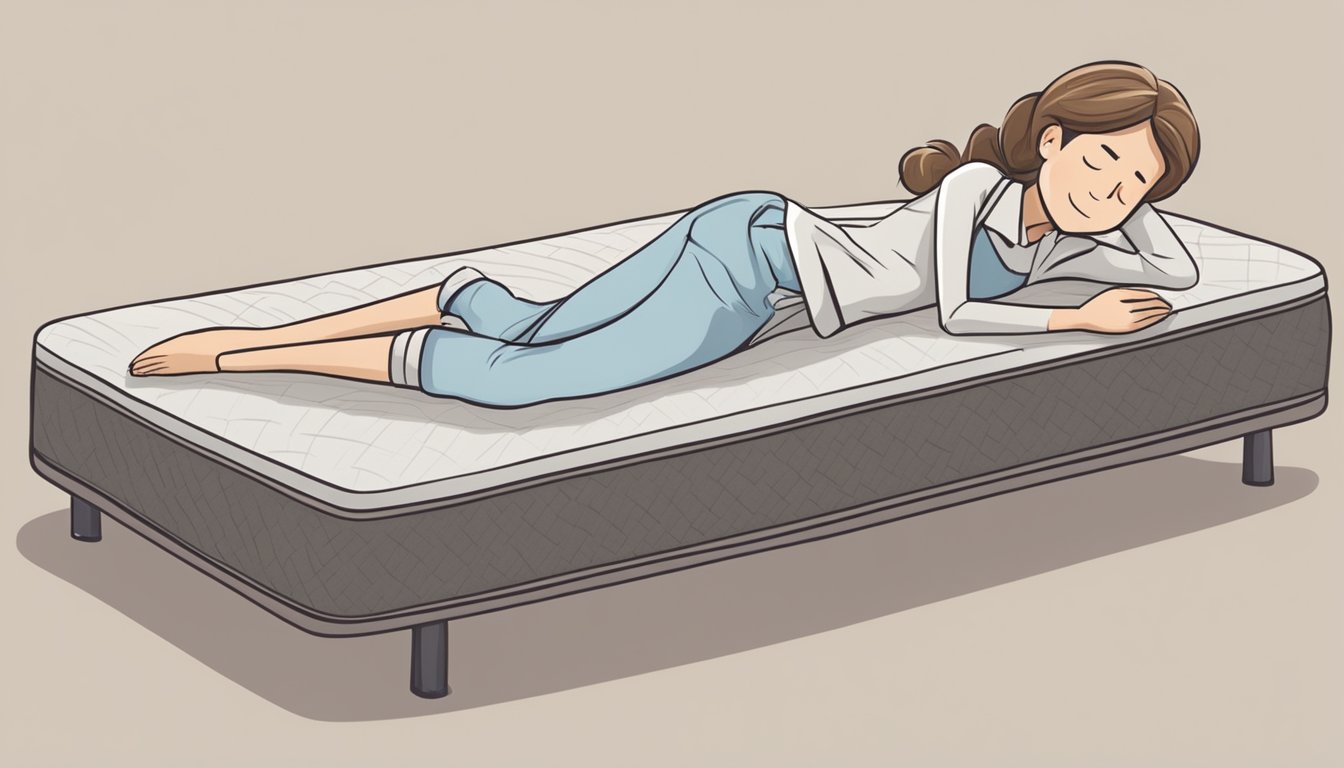 A person lying on a mattress with a relieved expression and a visible decrease in back pain