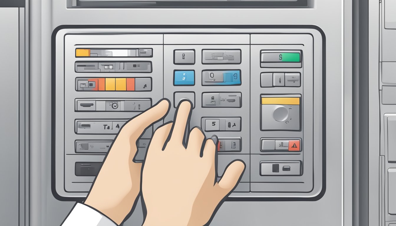 A hand adjusts the Mitsubishi aircon symbol on the control panel, selecting various features and settings