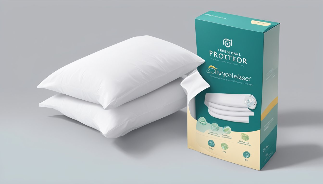 A hand reaches for a pillowcase protector from a neatly organized display, showcasing various options. The packaging highlights features such as hypoallergenic materials and easy care instructions