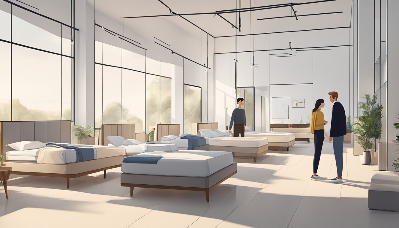 A couple stands in a spacious showroom, examining various bed frames. The room is well-lit, with a minimalist and modern aesthetic. Different bed frames are displayed along the walls, showcasing a variety of styles and materials