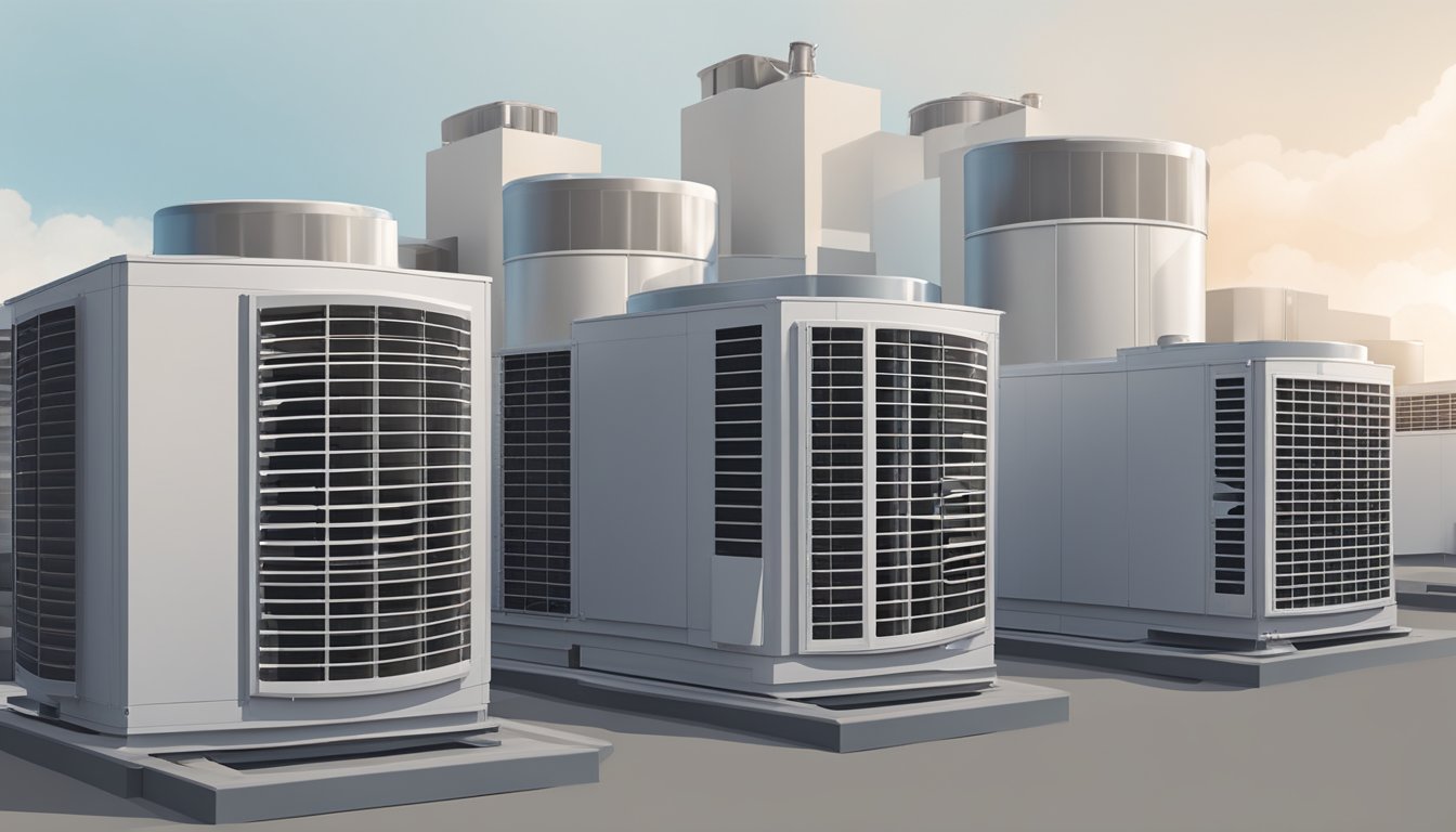 A central air conditioner hums on a rooftop, surrounded by vents and ductwork, cooling the air for a large building