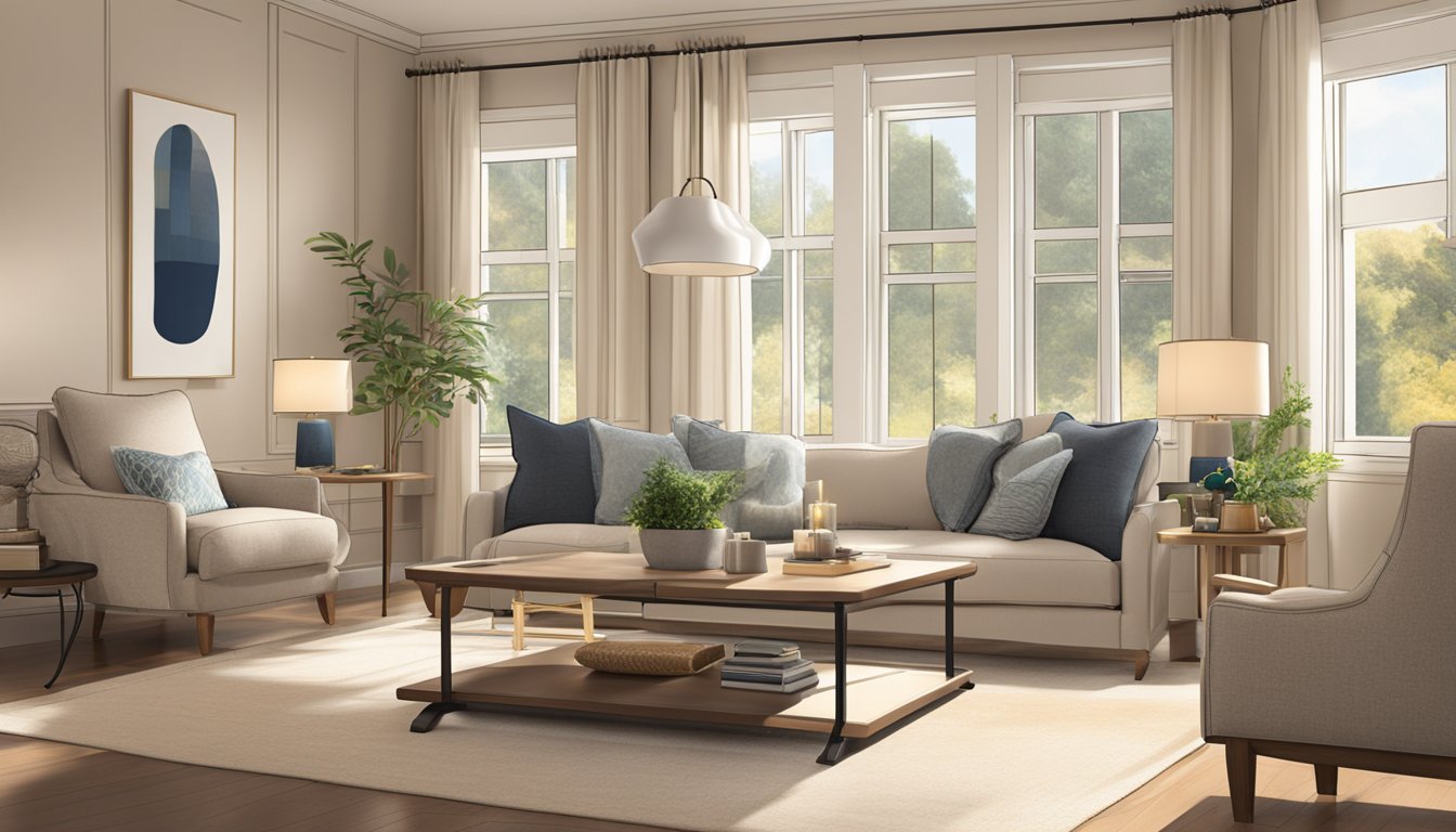 A cozy living room with Ubi's Finest furniture, featuring a plush sofa, elegant coffee table, and stylish lamps. The room is bathed in warm natural light, creating a welcoming and inviting atmosphere