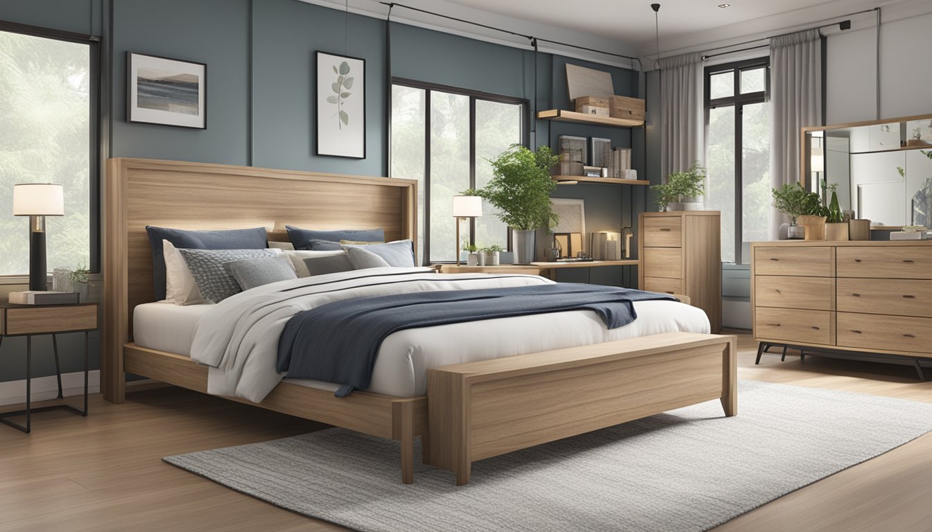 A cozy bedroom with a variety of bed frames on display in a Singapore furniture store. Considerations like size, material, and design are highlighted through informative signs and labels