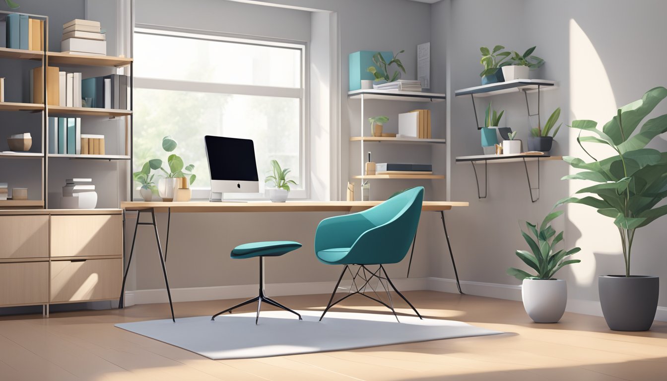 A room with modern furniture, including a sleek desk, ergonomic chair, and stylish shelving unit. The space is well-lit with natural light and features a clean, minimalist design