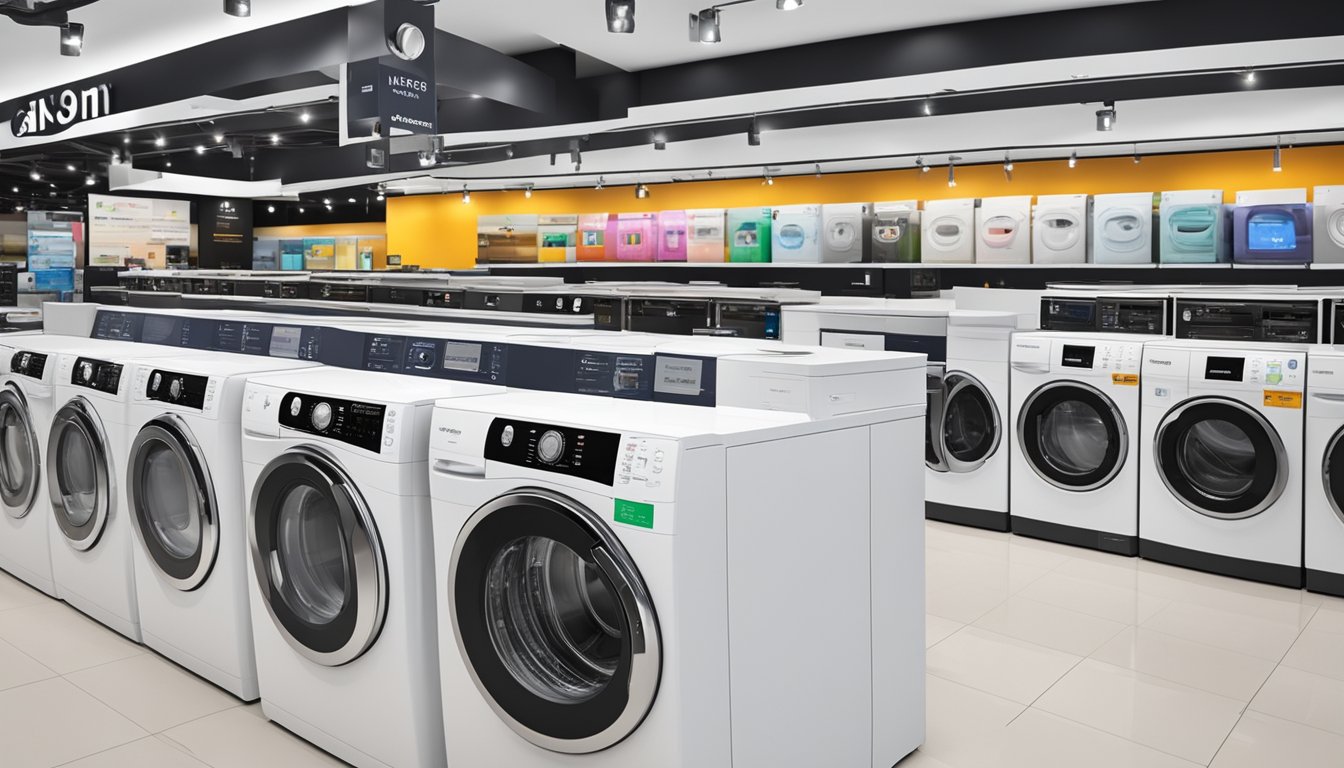 A brand new washing machine is on display in a modern appliance store in Singapore, with a price tag prominently displayed