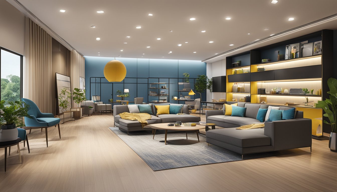 A spacious showroom with modern furniture displays at Tai Seng Mega Furniture. Bright lighting highlights the sleek designs and vibrant colors