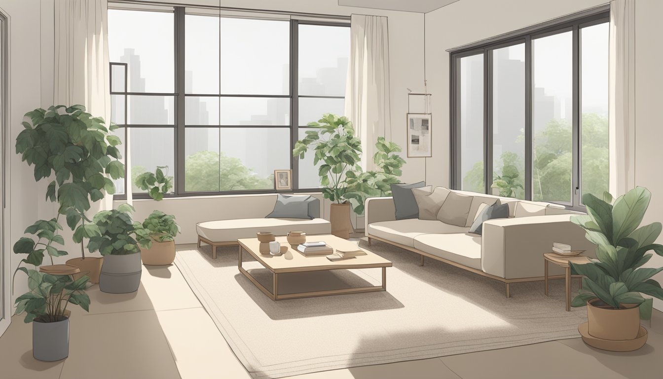 The Muji living room features minimalistic furniture, neutral colors, natural light, and clean lines. A low coffee table, floor cushions, and potted plants create a serene and uncluttered atmosphere