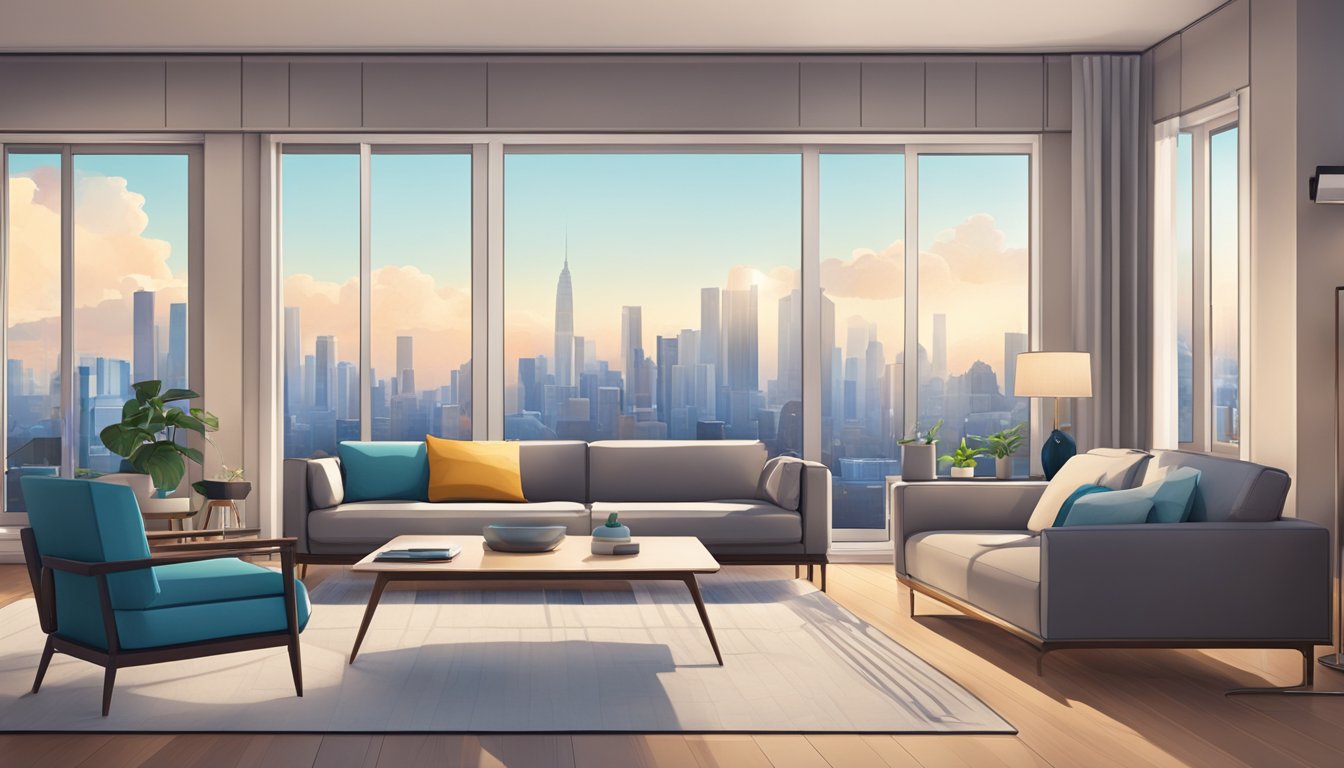 A modern living room with a sleek Midea air conditioner mounted on the wall, surrounded by contemporary furniture and a city skyline visible through the window