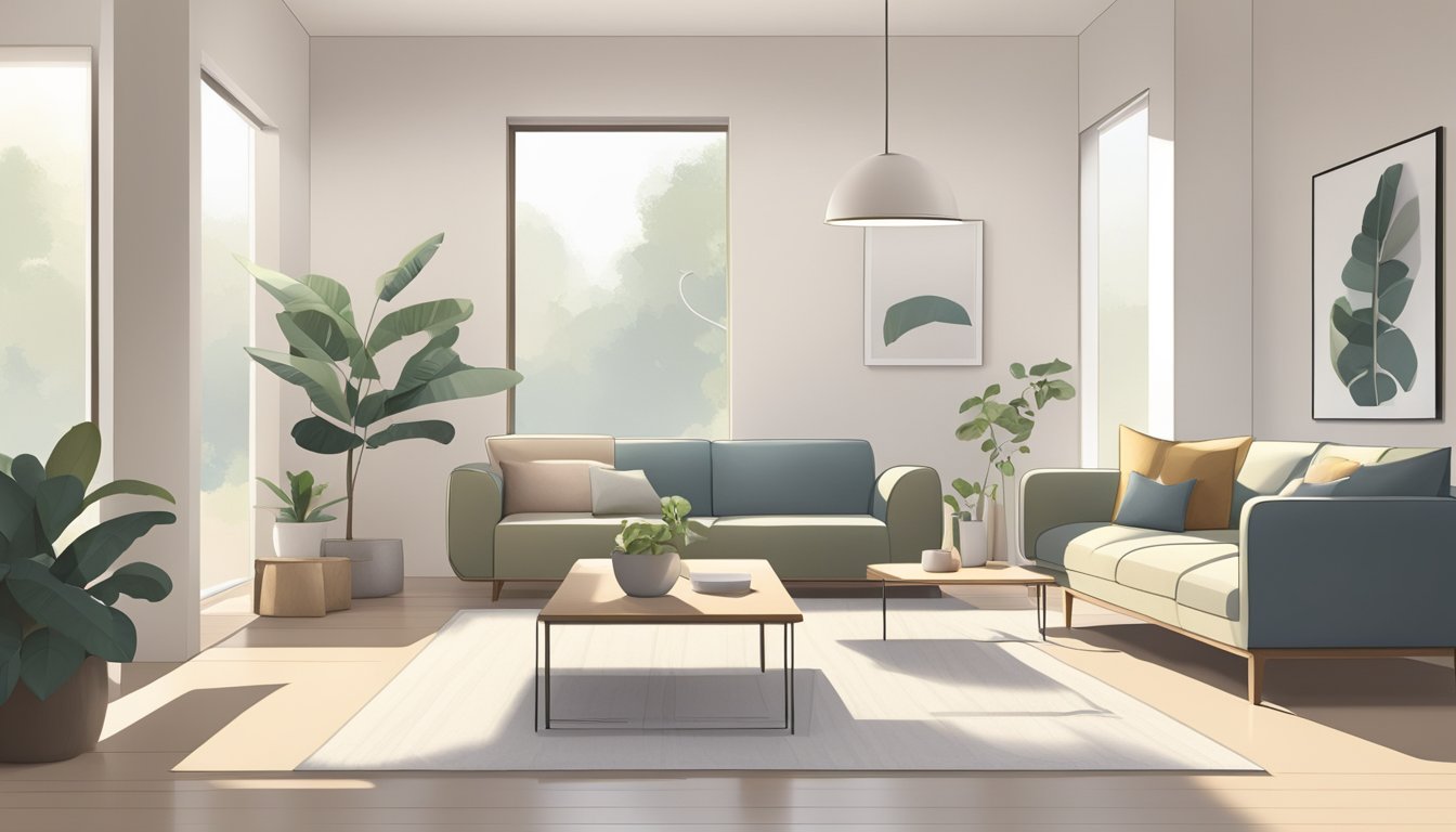 A minimalist living room with neutral colors, low furniture, and natural lighting. Clean lines, uncluttered space, and simple decor