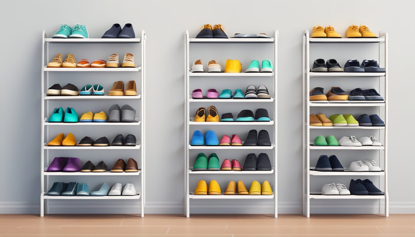 A slim shoe rack against a white wall with neatly arranged shoes in various colors and styles