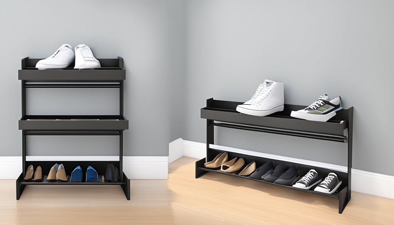 A sleek, modern shoe rack with multiple tiers for organization and easy access. Slim design fits neatly in any entryway or closet