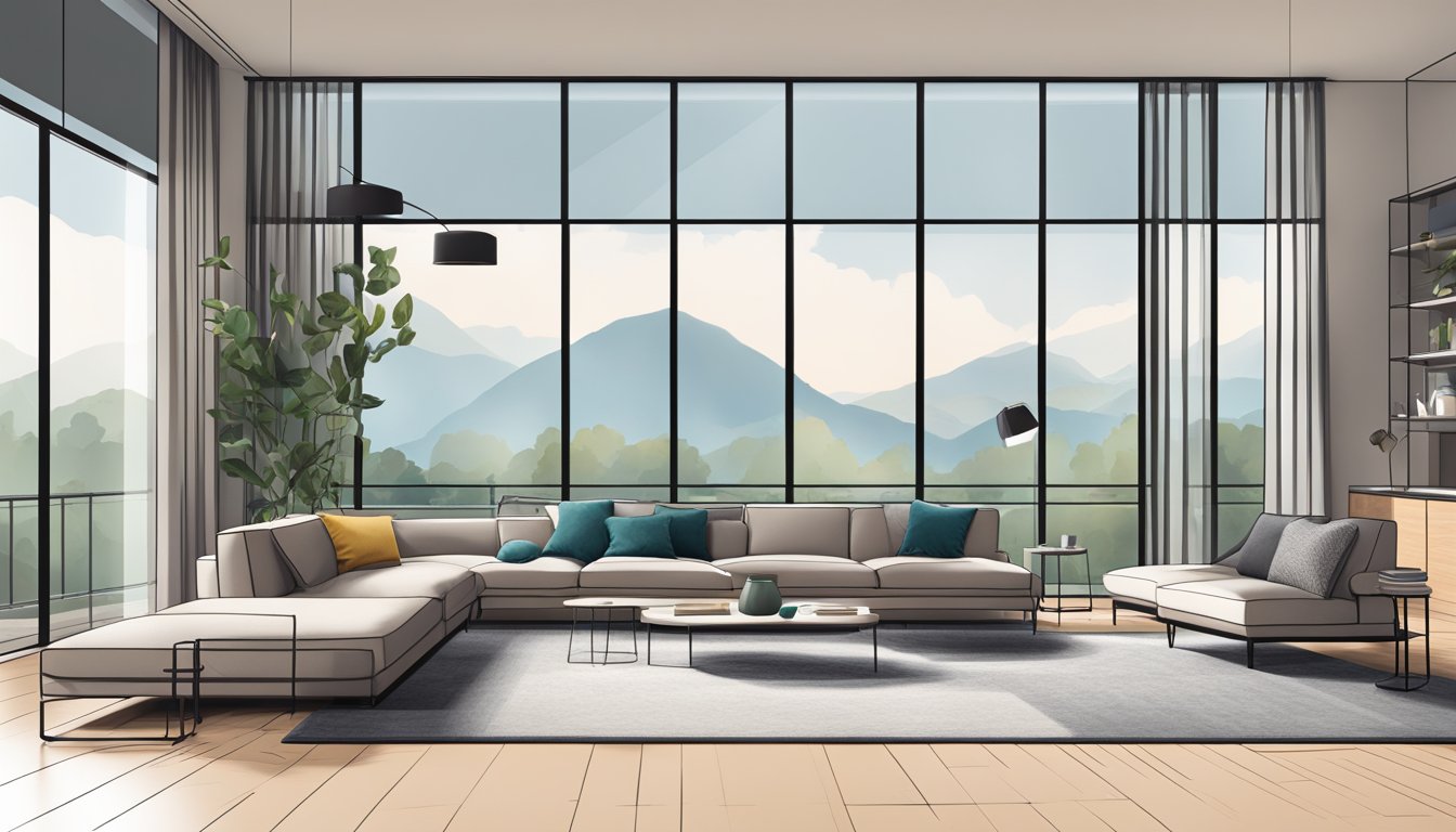 A sleek, open-concept living room with high ceilings, floor-to-ceiling windows, plush modern furniture, and a minimalist color palette