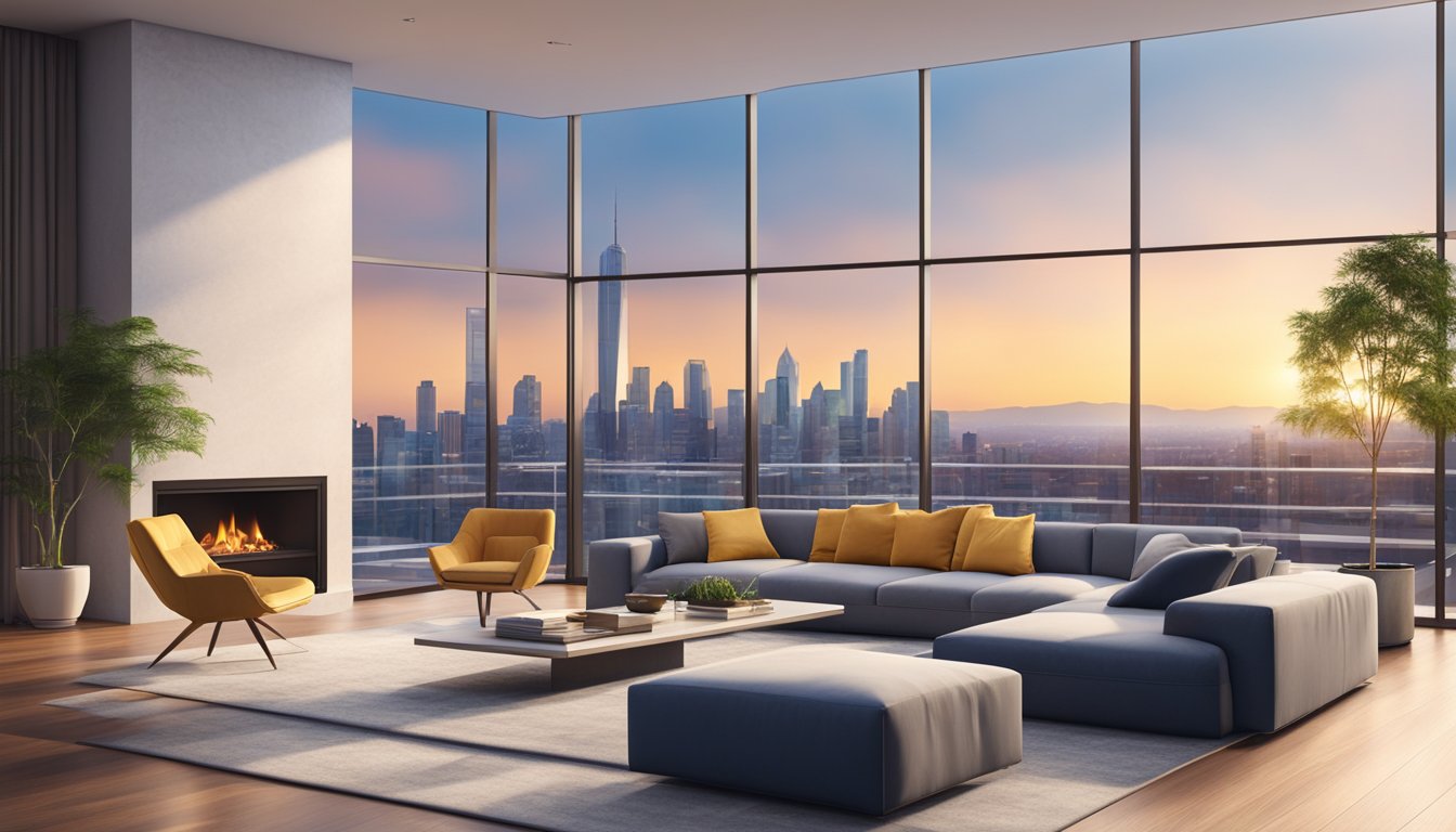 A modern luxury living room with sleek furniture, a large fireplace, and a panoramic view of the city skyline through floor-to-ceiling windows