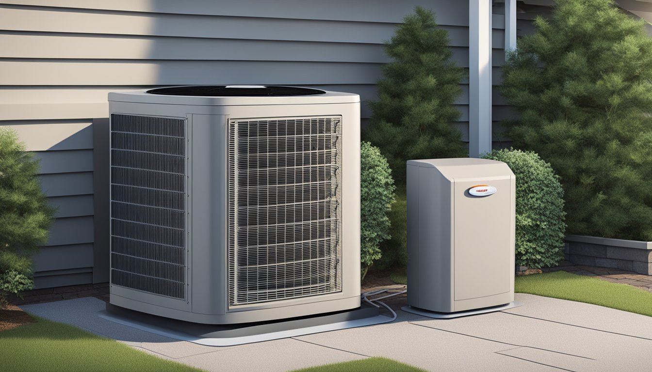 A central air conditioner sits outside a house, connected to ductwork. Cool air is distributed throughout the home, while the unit hums quietly