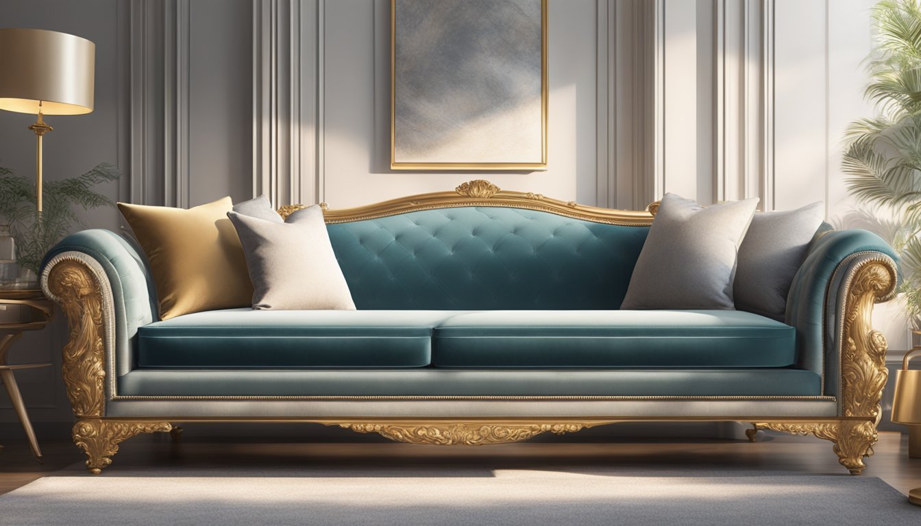 A luxurious velvet sofa sits in a sunlit room, adorned with plush cushions and elegant trimmings