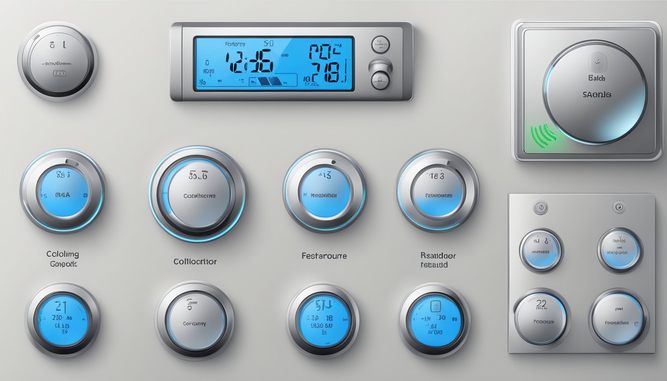 The air conditioner modes are displayed on a digital control panel with options for cooling, fan speed, and temperature settings