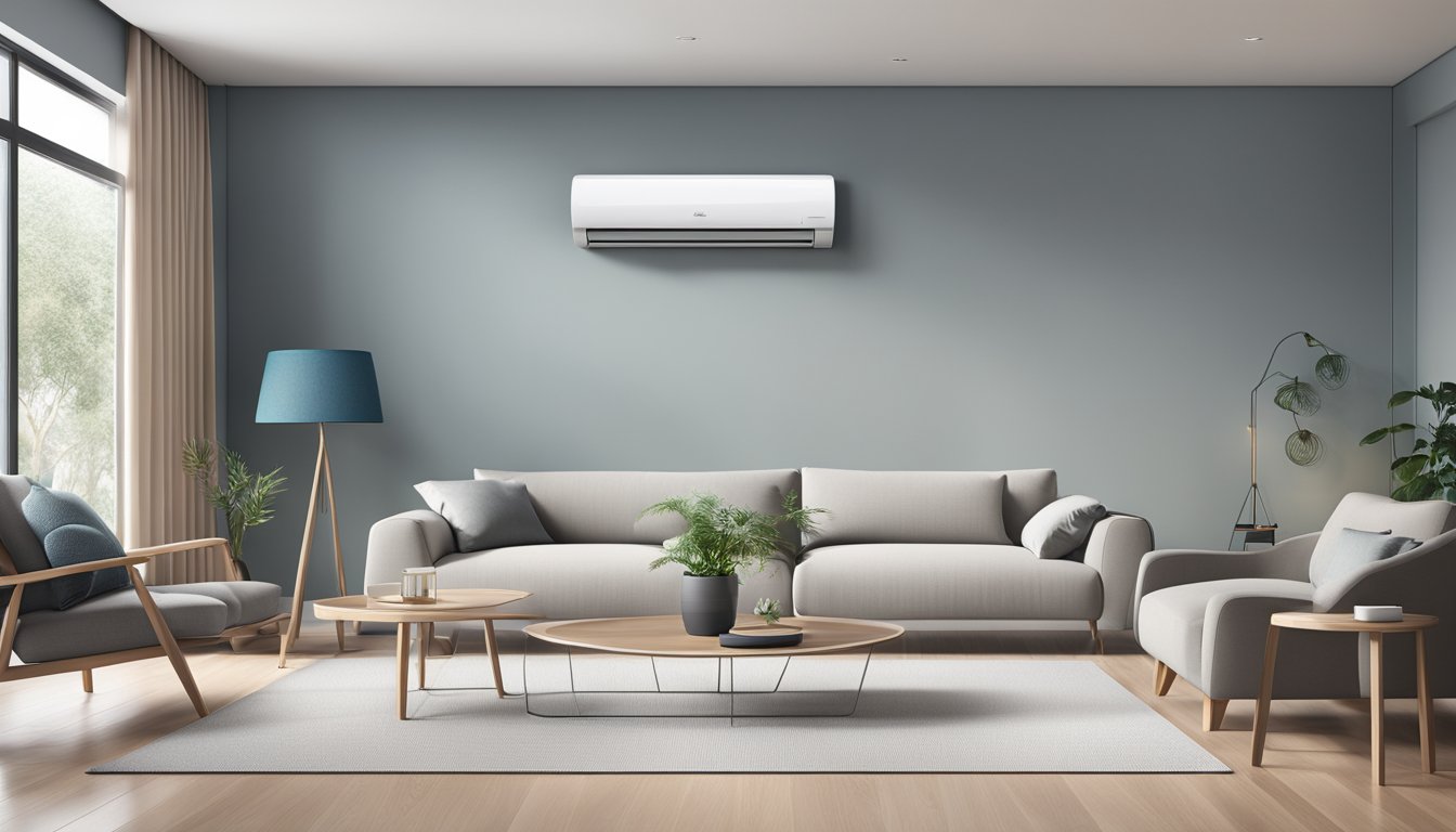 A Midea aircon unit stands against a backdrop of a modern living room, with sleek, minimalist design and advanced features highlighted