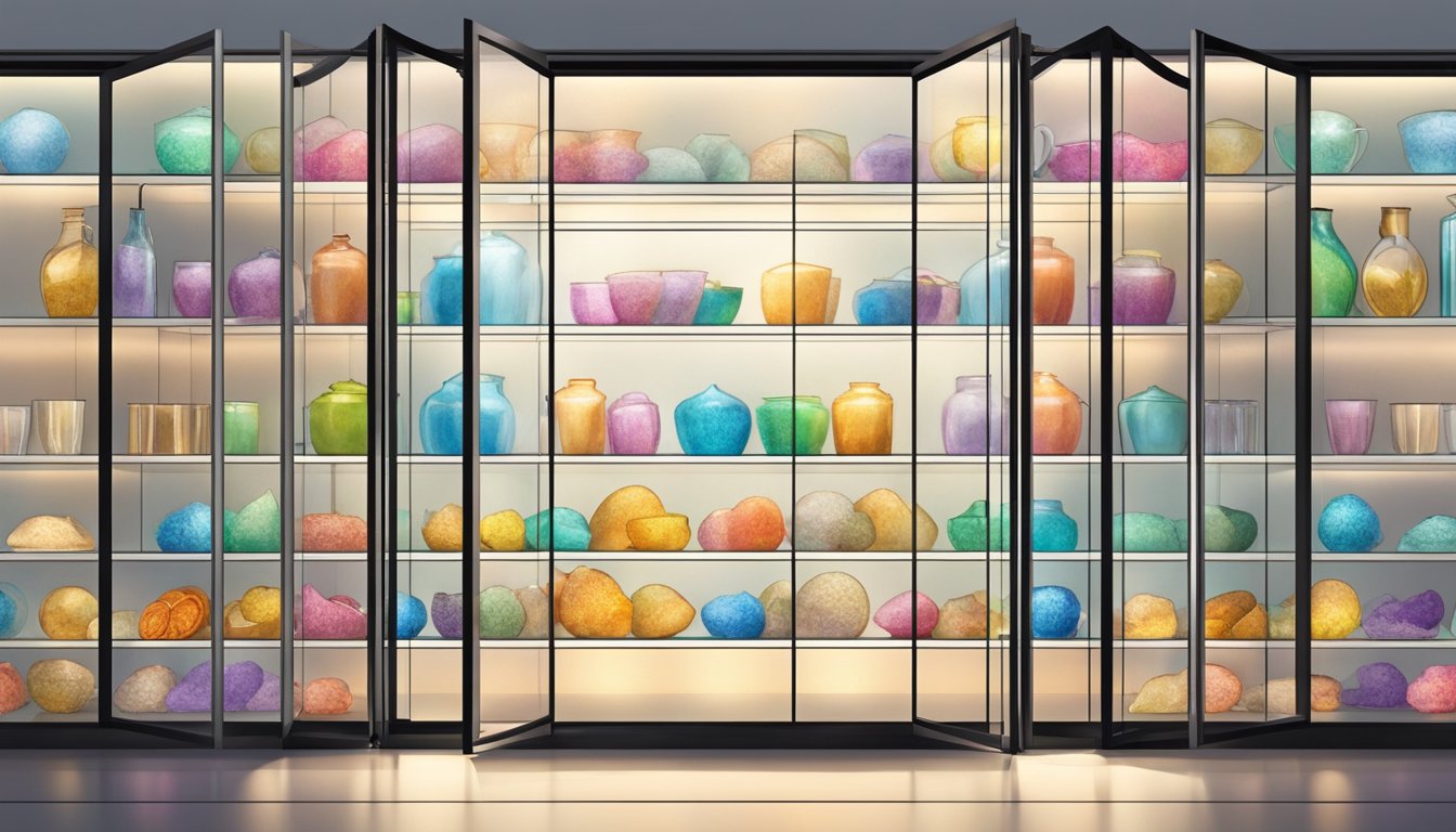 A glass cabinet stands in a modern Singapore interior, filled with colorful and delicate items. Light reflects off the glass, creating a mesmerizing display