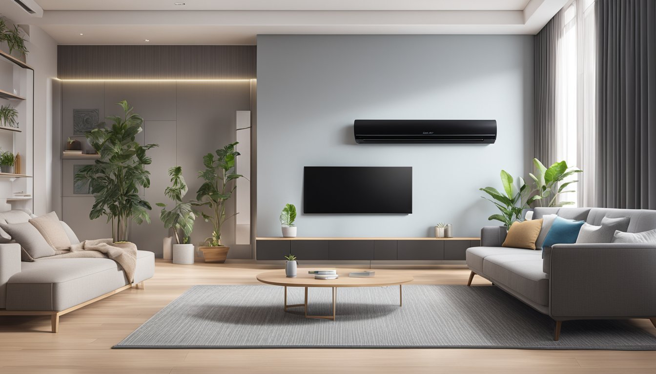 A Midea air conditioner sits in a modern Singaporean living room, with a sleek design and digital display. The room is comfortably cool, with the aircon quietly humming in the background