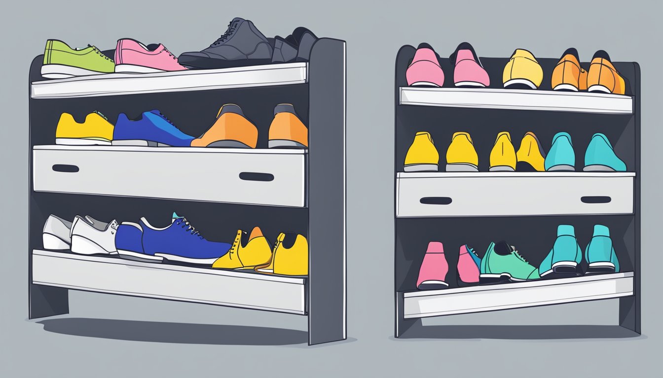 A slim shoe rack with labeled sections, neatly organizing various types of footwear
