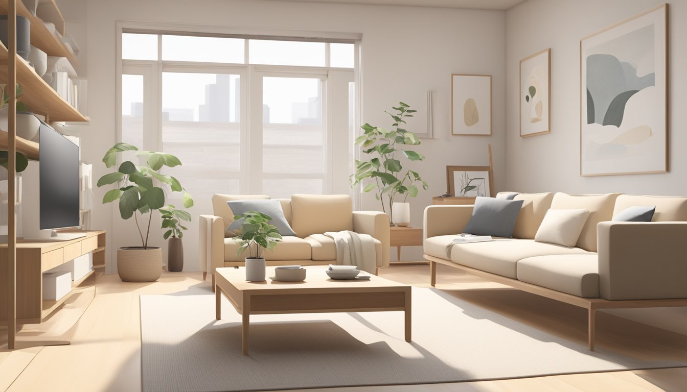 A minimalist Muji living room with low furniture, neutral colors, and natural lighting. Functional storage and comfortable seating create a serene, clutter-free space