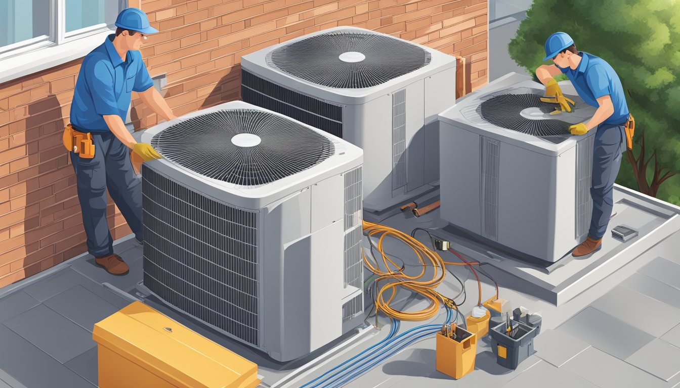 A technician installs a central air conditioner on a rooftop, surrounded by tools and equipment