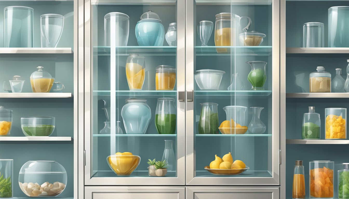 A glass cabinet in a well-lit room with carefully arranged items, clean glass, and polished metal handles