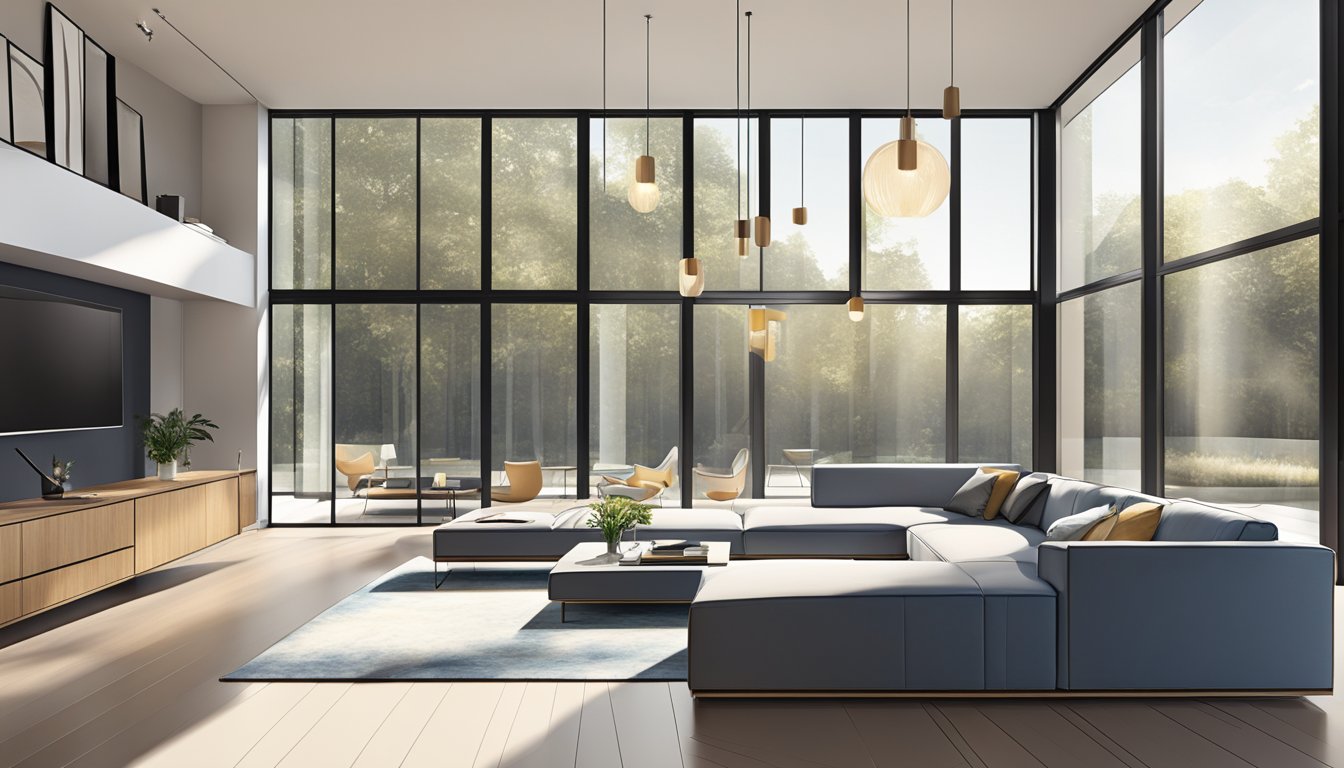 A sleek, open-plan living room with high ceilings, floor-to-ceiling windows, and minimalist furniture, bathed in natural light and accented with contemporary art and designer lighting