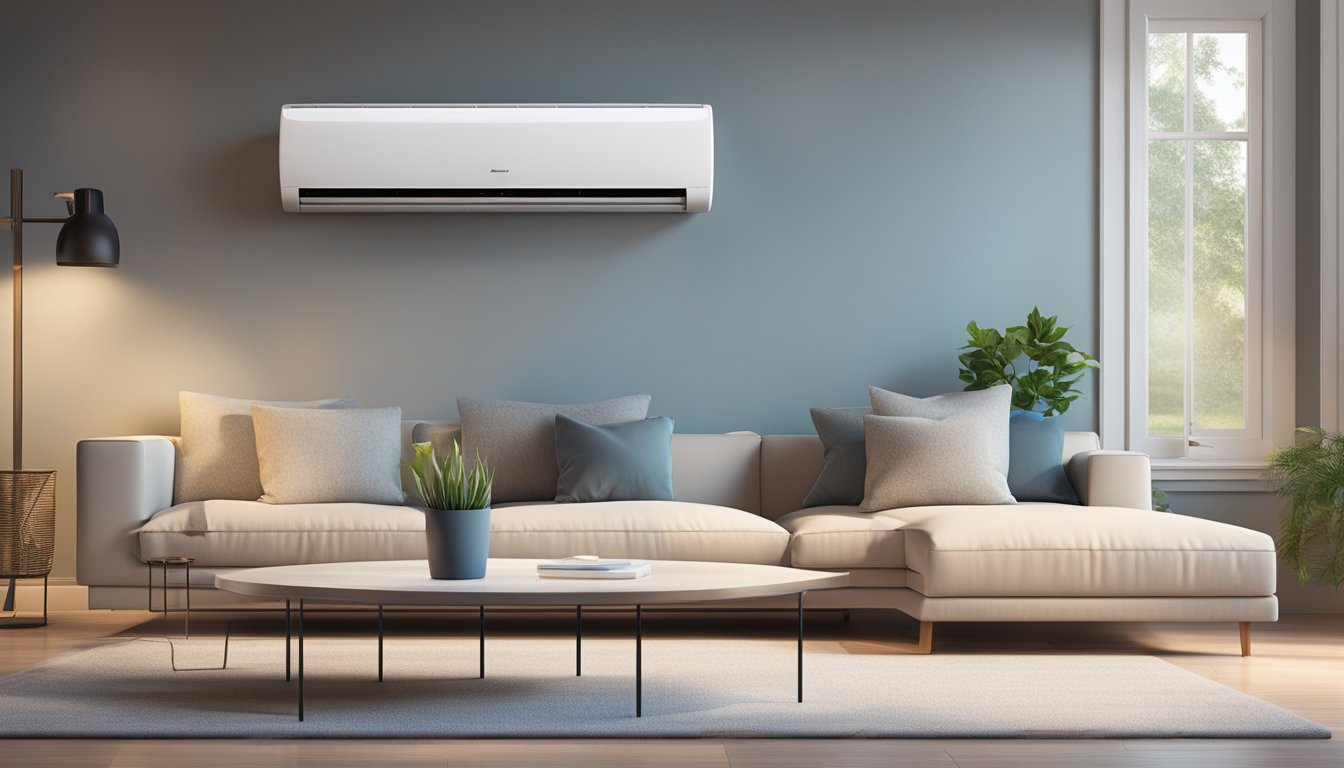 An air conditioner with advanced features and energy-saving modes in a modern living room, with sleek design and digital controls