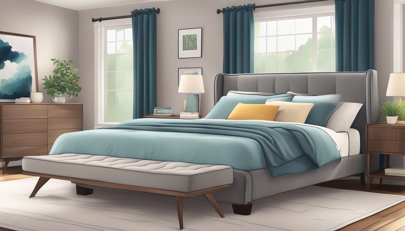 A queen size bed with a plush comforter and multiple pillows, set against a backdrop of a spacious, well-lit room with ample storage and a cozy seating area