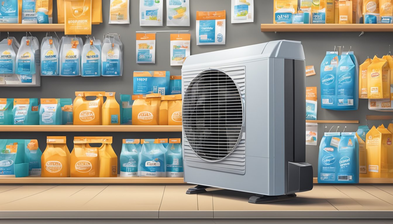 An air conditioner sits in a store display, surrounded by price tags and promotional signs