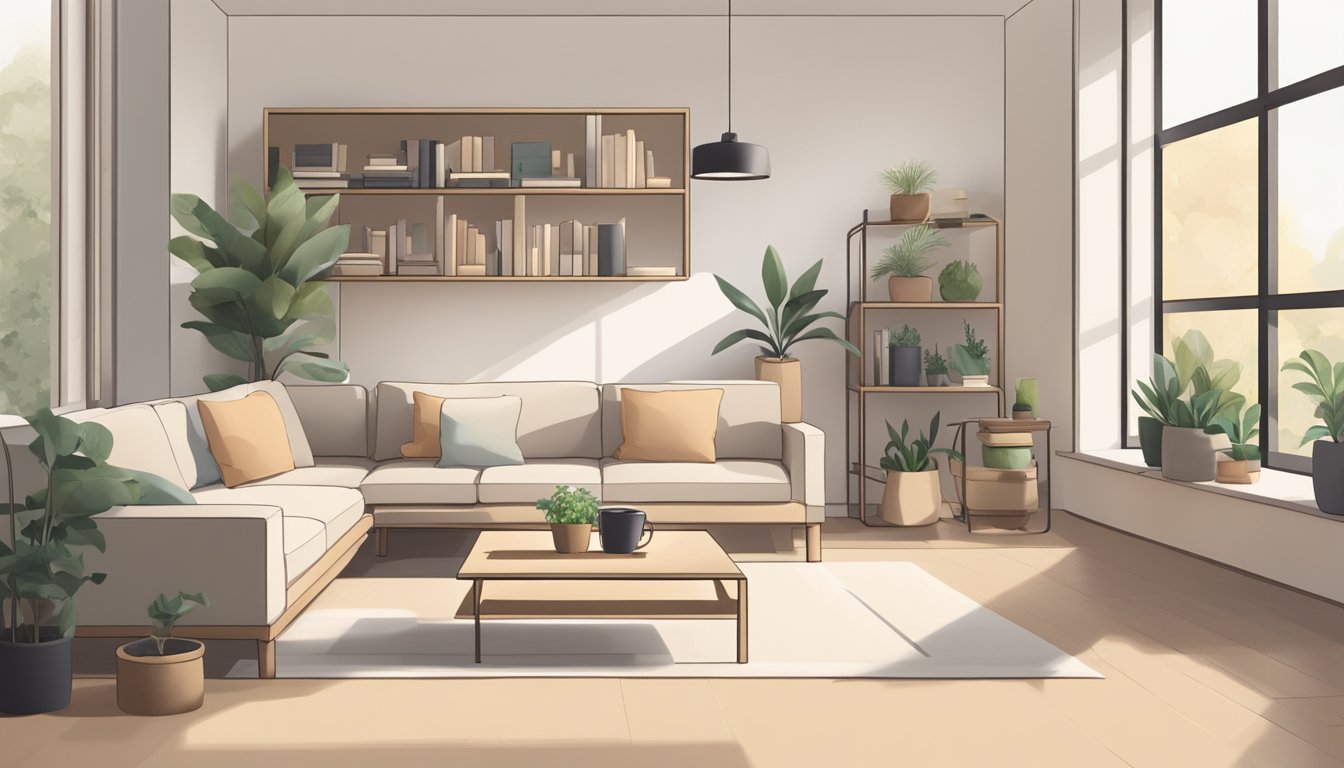 A cozy Muji living room with minimalist furniture, soft neutral colors, and natural lighting. A low coffee table with a potted plant, floor cushions, and a bookshelf with neatly arranged books